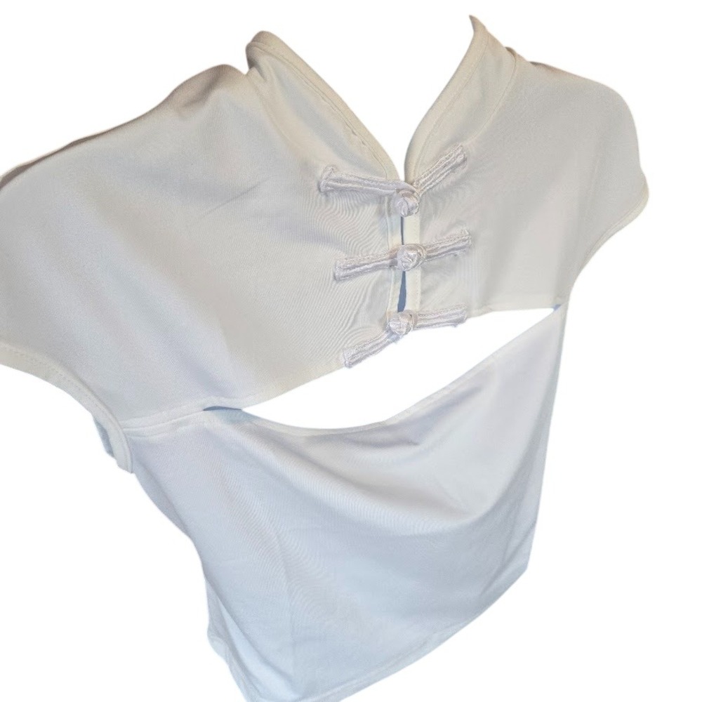 Mandarin Collar Cut Out Crop Top Women Small‎ White Cybercore Y2K Streetwear